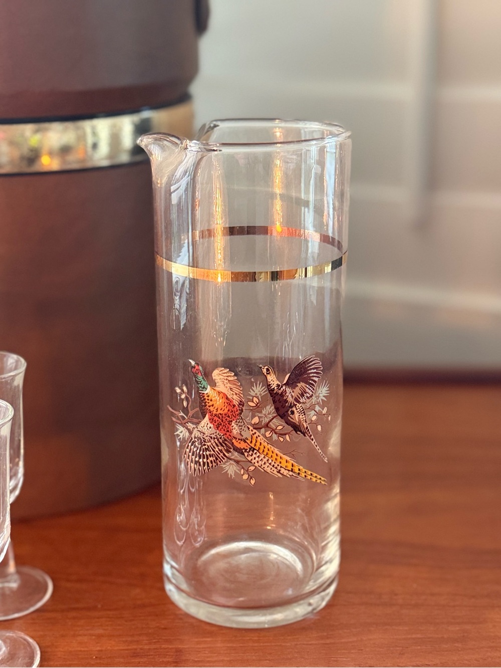 Vintage Mid-Century Pheasant Glass Cocktail Pitcher with Gold Rim